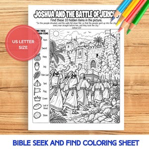 May include: A black and white coloring sheet titled Joshua and the Battle of Jericho featuring a scene of people with horns and an ark, a list of ten hidden items to find, and a red circle with the text US Letter Size.