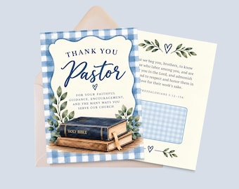 Puede incluir: Una tarjeta de agradecimiento para un pastor con borde de cuadros azules, ilustraciones en acuarela de dos libros apilados y hojas verdes. El texto dice: THANK YOU PASTOR FOR YOUR FAITHFUL GUIDANCE, ENCOURAGEMENT, AND THE MANY WAYS YOU SERVE OUR CHURCH.