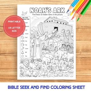 Noah's Ark Coloring Page, Bible Seek and Find Activity Sheet, Bible Coloring Sheet, Sunday School Activity