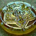 Czech Glass Button 10"= 23mm - hand painted - knot/blossom, iridescent, yellow, luster, AB (B23229)