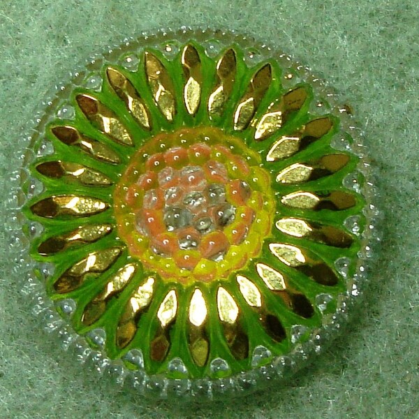 Czech Glass Button 27mm - hand painted Daisy - lime green, yellow, orange, gold (B27107)
