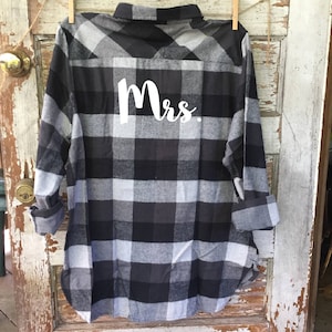 MR. and MRS. flannels, custom flannel, bride, groom, fall wedding, buffalo plaid, hipster wedding, wedding gift, matching flannels