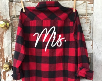 MRS. flannel, custom flannel, bride, groom, fall wedding, buffalo plaid, hipster wedding, wedding gift, matching flannels