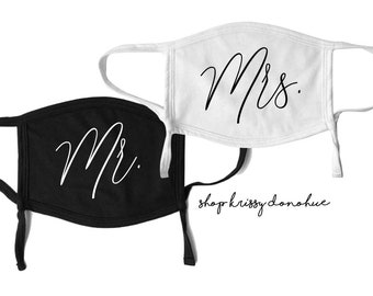 Mr. Mrs. Face Mask Set | bride mask | washable cloth mask | 2 layer adjustable mask | made in USA | cotton mask | wedding mask