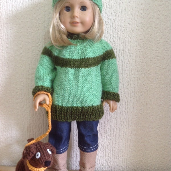 Dolls clothes knitting pattern.18" doll. Dress, Jumper and puppy dog. PDF instant download.