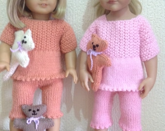 Dolls clothes knitting pattern.18" doll. Pyjamas,slippers and teddy bear. PDF Instant download.