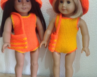 Dolls clothes knitting pattern.18" doll. Swimsuit with sun hat and beach bag.PDF Instant download