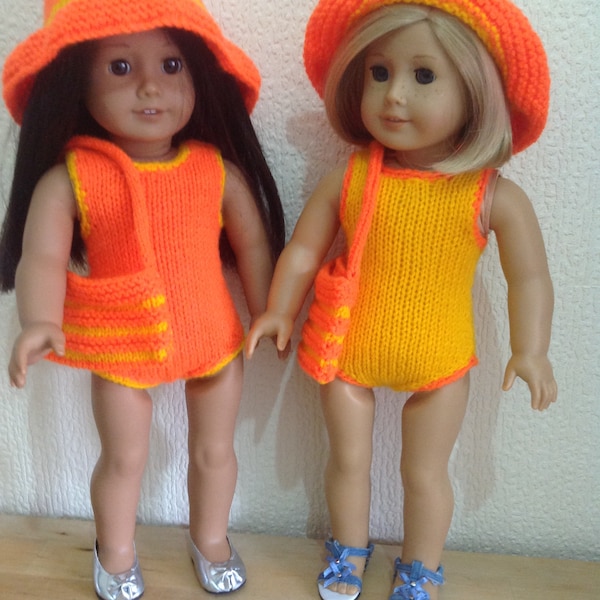 Dolls clothes knitting pattern.18" doll. Swimsuit with sun hat and beach bag.PDF Instant download