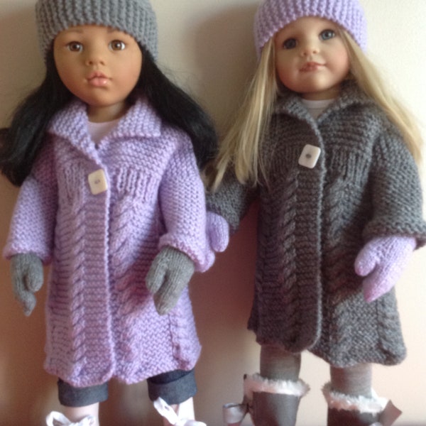 Dolls Fashion clothes knitting pattern. 18" doll. Cable coat set. PDF Instant download,