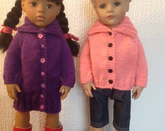 Dolls clothes knitting pattern. 18" doll. Roll collar coat and cardigan, also makes dress and jumper. PDF instant download.