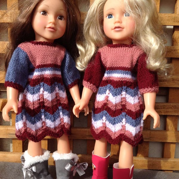 Multi coloured dress, Bolero and handbag knitting pattern for 18" doll. PDF instant download.