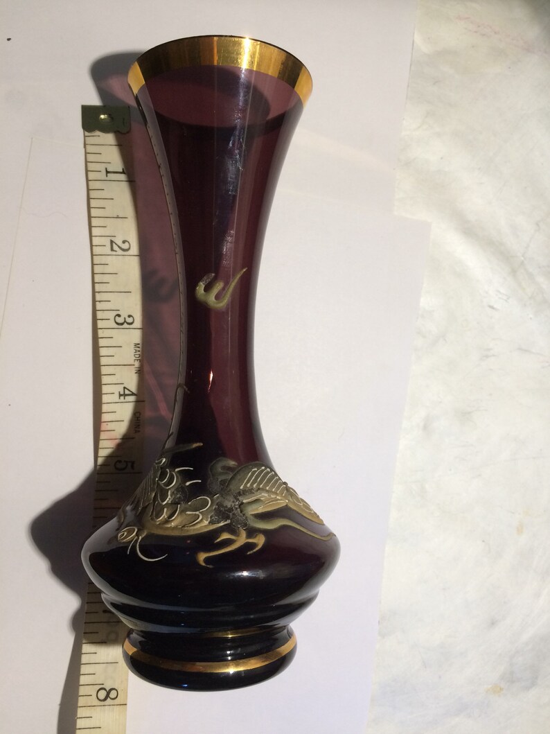 Purple Vase Painted Dragon Vase Vintage Dragon Vase Midcentury Decor Bud Vase