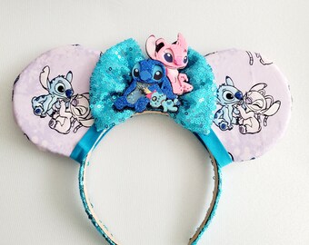 Glitter Stitch Holographic Inspired Minnie Mickey Ears headband,  Disneyland, Stitch Headband, Blue Alien, Sequin Bow, Lilo and Stitch Angel