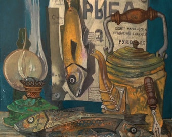 Still Life Watercolor Painting Still Life with Lamp Old painting Fishes Still Life