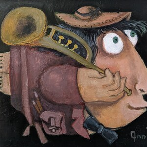 Pintura pequeña, Pintura original, Retrato de hombre, Trompeta, Trompetista