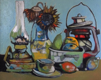 Oil Still life, Still life, Old Lamp, Sunflowers Still Life, Lemons Oil Painting, Oil Paintings, Pears, Oil on canvas, Kitchen art