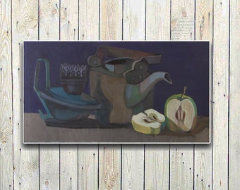 Pintura al óleo original - Pintura de bodegones - Una tetera vieja - Pintura al óleo de Bodegones - pintura de manzanas