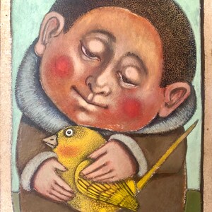Mini Pintura, Pintura de Menino, Pintura de Pássaro, Menino e Pássaro, Pintura de Amor, Minha história de pássaro