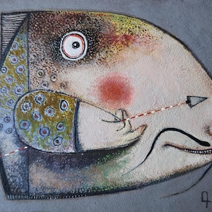 Cuadro pequeño, cuadro original, arte de peces, retrato de hombre, Gorart