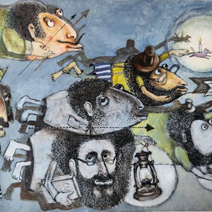 Hombres voladores, Pintura divertida, Fantasía, Pintura creativa, Pintura verde, Pintura con tinta, Pintura negra, Pintura de retratos