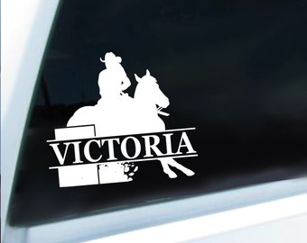 Personalizar la calcomanía de carreras de barriles, calcomanía de caballo personalizada, calcomanía de vaquera corriendo, corredor de barril, calcomanía de coche, calcomanía de camión, calcomanía de vinilo, amante de los caballos