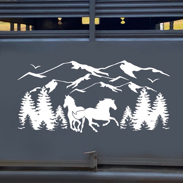 Horse Trailer Decal, Horses Running, Mountains, Trail Riding