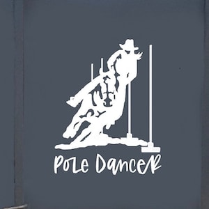 May include: A white silhouette of a person riding a horse and jumping over a pole with the text "Pole Dancer" below. The image is on the side of a gray horse trailer.