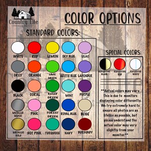 May include: Color chart with a variety of colors for customization. Standard colors include white, red, lemon, sky blue, lilac, grey, orange, lime green, arctic blue, lavender, black, coral, kelly green, mint, purple, metallic silver, pink, forest green, royal blue, beige, metallic gold, hot pink, turquoise, navy, and burgundy. Special colors include reflective black, reflective red, and reflective white. The text reads "Color Options", "Standard Colors", and "Special Colors".