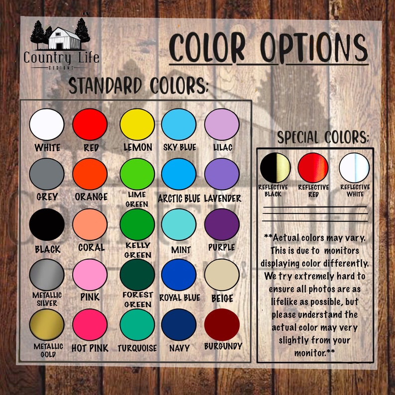 May include: Color chart with a variety of colors for customization. Standard colors include white, red, lemon, sky blue, lilac, grey, orange, lime green, arctic blue, lavender, black, coral, kelly green, mint, purple, metallic silver, pink, forest green, royal blue, beige, metallic gold, hot pink, turquoise, navy, and burgundy. Special colors include reflective black, reflective red, and reflective white. The text reads "Color Options", "Standard Colors", and "Special Colors".