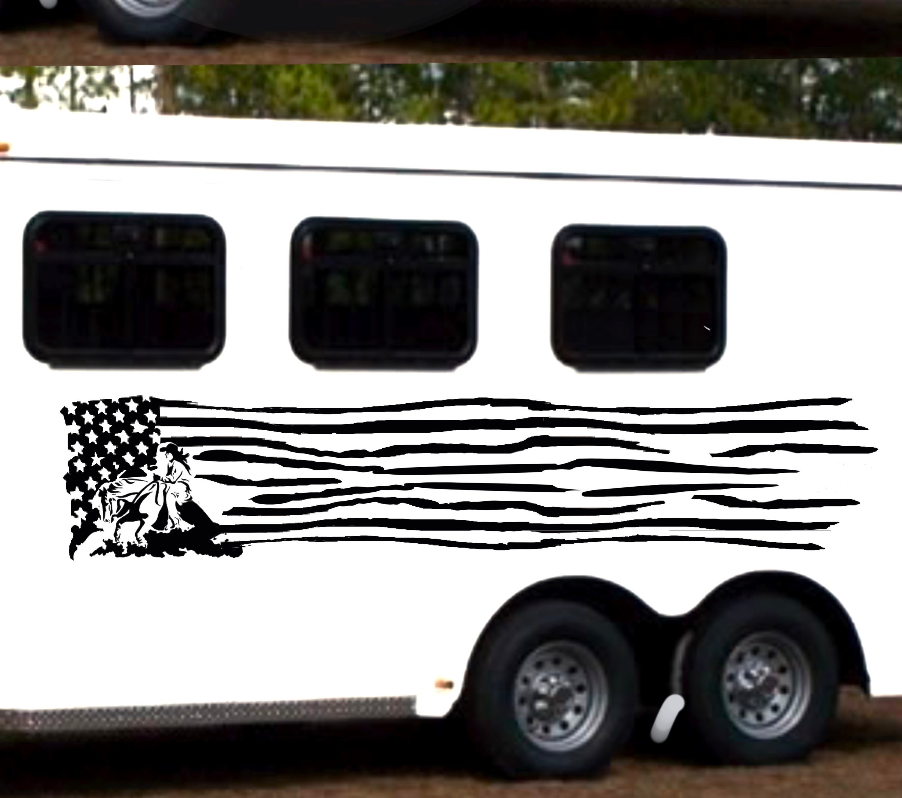 Horse Trailer Decals, Set of Two, Pinstripe, Trail Riding, American Flag, Reining