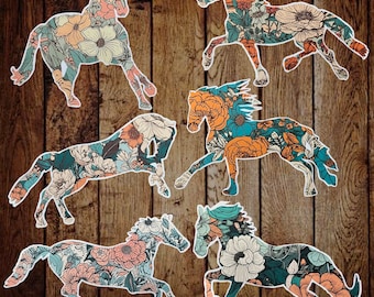 Floral Horse Sticker, Horse Lover Decal, Boho Horse Decal, Equestrian Sticker Set, Set of Boho Floral Horse Stickers, Waterbottle Stickers