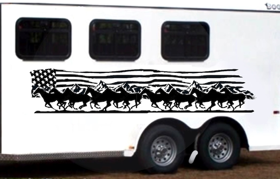 Horse Trailer Decals, Set of Two, Horses Running in Mountains, Pinstripe