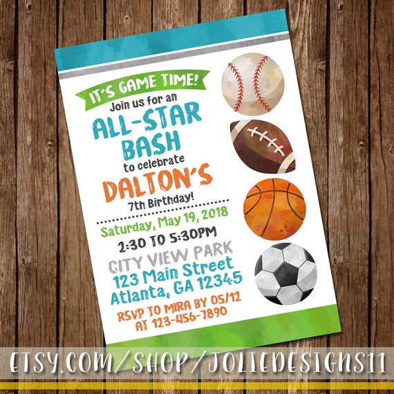 all star sports boy s birthday party invitation or baby etsy