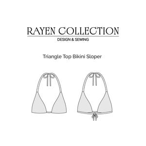 Pode incluir: Uma ilustração branca de um padrão de biquíni com top triangular. A imagem inclui o texto "RAYEN COLLECTION DESIGN & SEWING" no topo e "Triangle Top Bikini Sloper" abaixo. O design do top do biquíni é mostrado de frente e de costas.