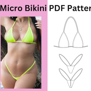 May include: A PDF pattern for a micro bikini. The pattern includes a triangle top and a thong bottom.
