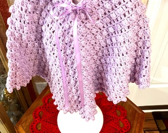 Crocheted Girls Lavender Popcorn Stitch Poncho. Fits 8-10 years.