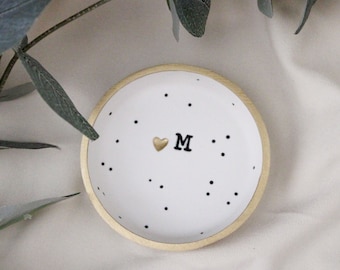 Initialed Speckled Clay Ring Dish: Gold Heart Trinket Tray
