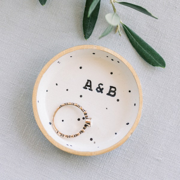 Speckled Ring Dish with two initials, custom Wedding Ring Holder, Initials jewelry tray, Engagement Gift, white Minimalist trinket Dish