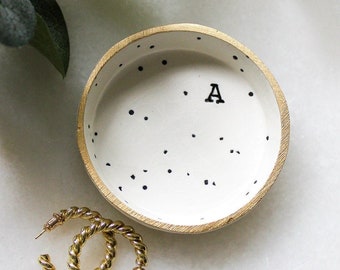 Simple personalized jewelry dish for her, speckled ring dish, ring tray, black and white polka dot dish, wedding gift, gift for best friend