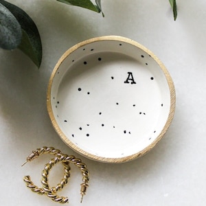 Simple personalized jewelry dish for her, speckled ring dish, ring tray, black and white polka dot dish, wedding gift, gift for best friend
