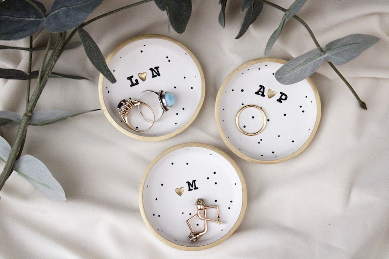 Couples ring dish, small speckled clay ring dishes, Initialed Jewelry dish, Wedding gift, girlfriend anniversary gift, newlyweds gift image 2
