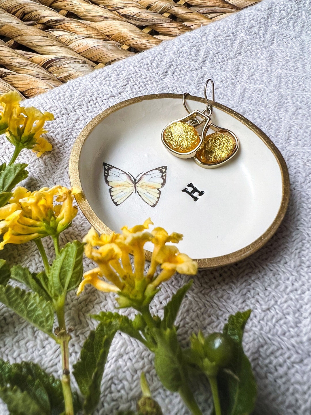 April Butterfly Ring Dish: Custom Initial, Gold Leaf Trim - Etsy