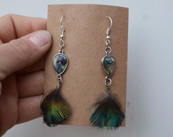 Pendientes de plumas de pavo real auténticas con dijes de abulón