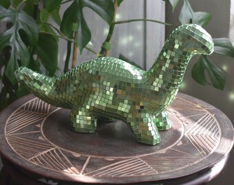 Handmade Disco Dino • Dinosaur Decor • Jurassic Decor • Green Mirror Mosaic Tiles