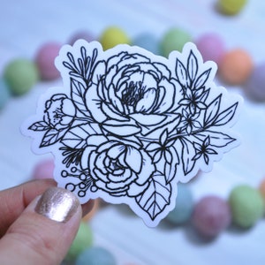 Flower Line Art Peony Vinyl Sticker Waterproof Matte | Die Cut Decal Sticker | Laptop | Tumbler | Cup | Water Bottle | Tablet | Car Decal