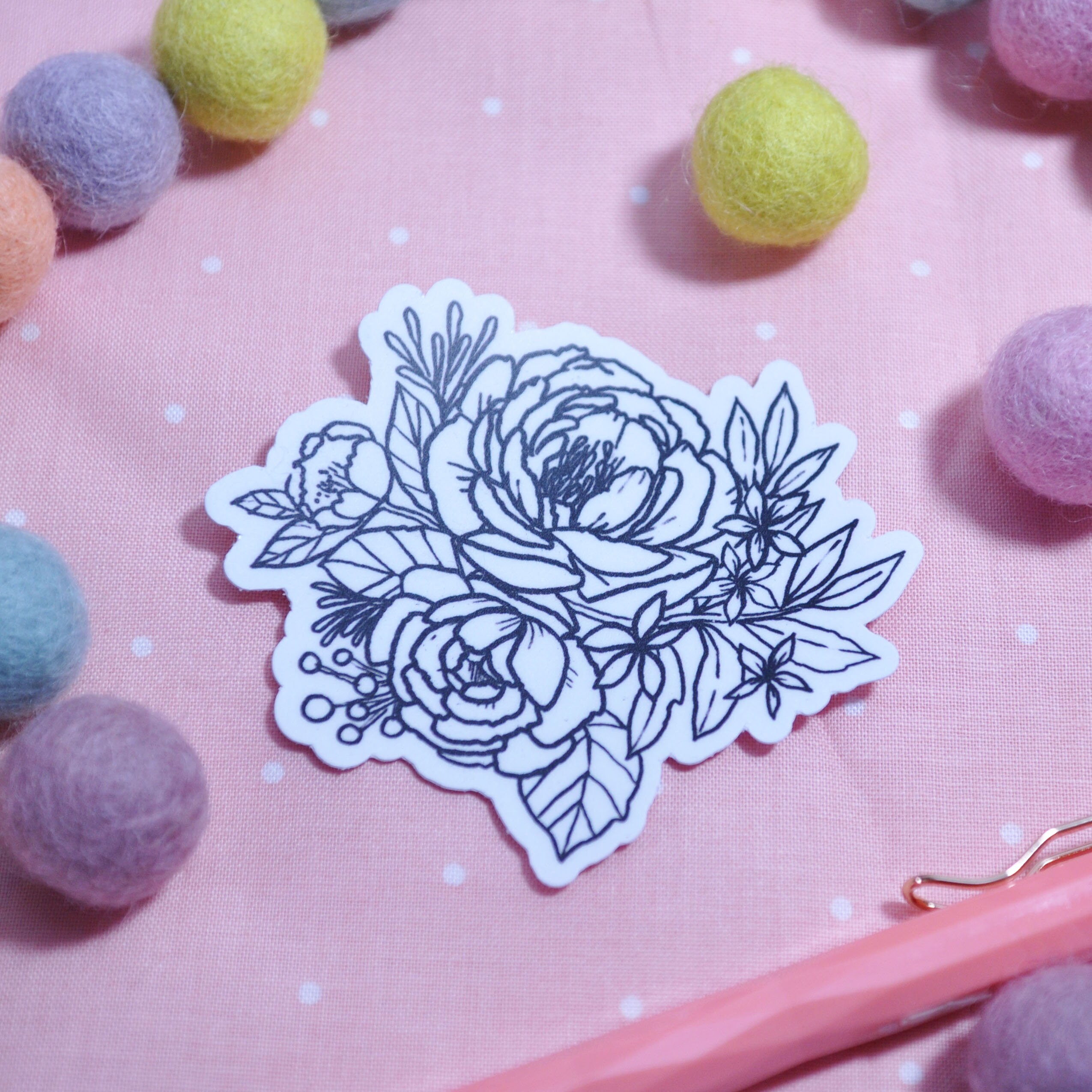 Flower Line Sticker Flower Line Art Peony Vinyl Sticker Waterproof Matte | Die Cut Decal ...