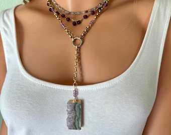 Amethyst Y Necklace; Raw Stone Crystal Necklace; Gold Chain Y Necklace