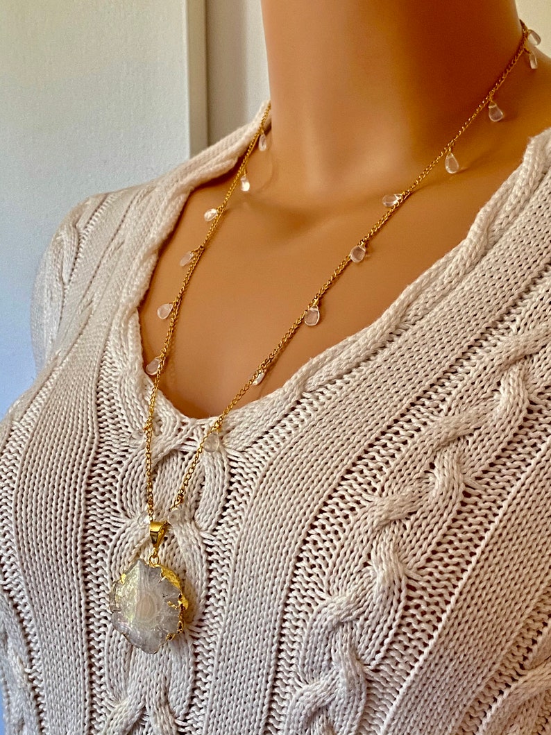 Solar Quartz; Clear Quartz Dangle Necklace; Quartz Stalactite ; Quartz Flower Jewelry Long Gold; Solar Quartz Slice