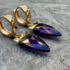 Amethyst Quartz Earrings with Gold Huggie Hoops – 22K Gold Electroplated