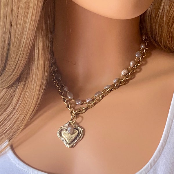 Gold Chain Moonstone Necklace; Chunky Chain; Heart Pendant Gold; Multi Strand; Artisan; Statement Necklace